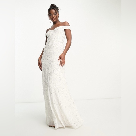 Maya Dresses & Skirts - Maya Bridal bardot fishtail embellished maxi dress in Ivory size 6 NWT SOLD OUT